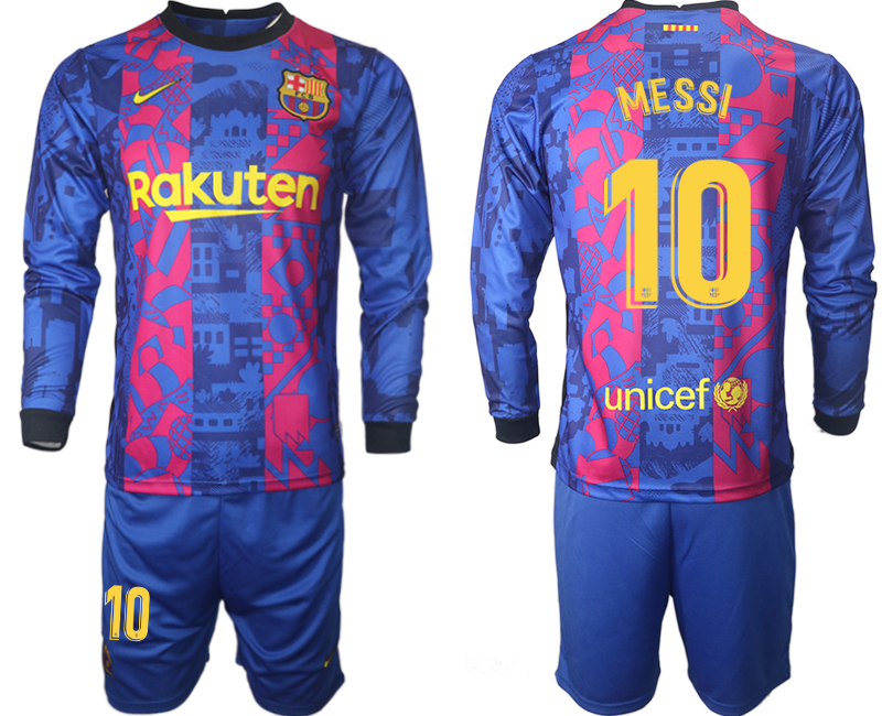 Men 2021-2022 Club Barcelona Second away blue Long Sleeve #10 Soccer Jerseys